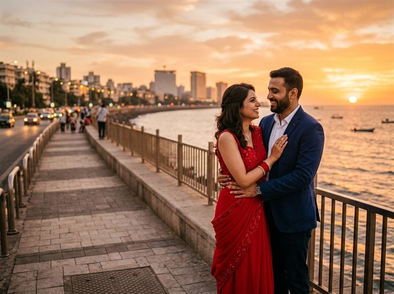 Indian Couple Romantic Sunset Pre-Wedding — Marine Drive Mumbai